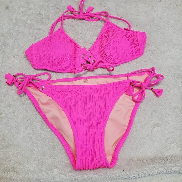 Victoria's‎ Secret Hot Pink Tied Halter Swim Sexy Vixen Bikini Small Bottom M - Picture 1 of 12